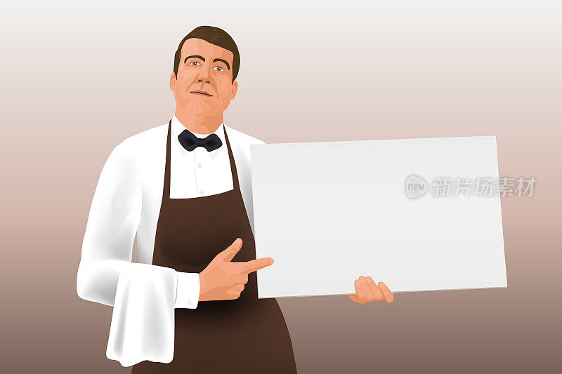 A waiter points to an empty sign to present a menu.